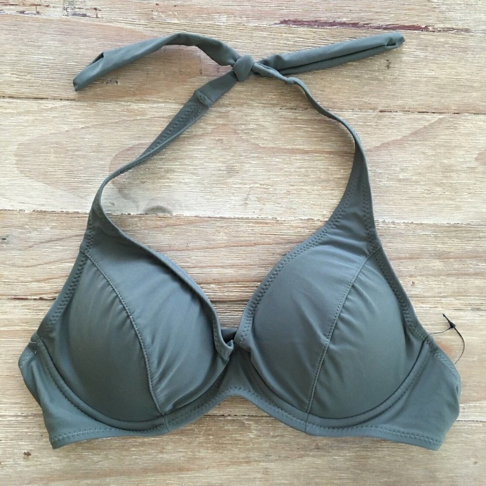 FASHION NOVA Womens LIBRA Halter Bikini Top Olive Green Size M Underwire NEW